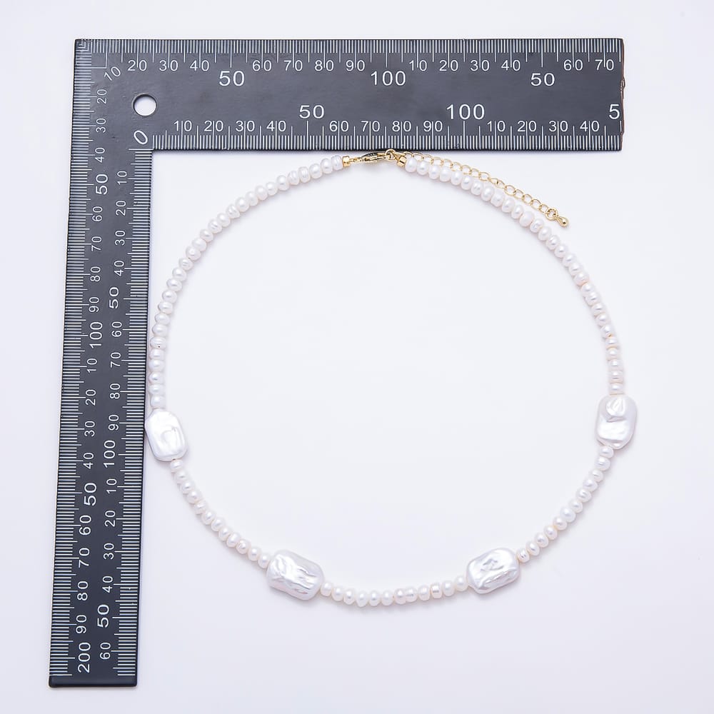 16K Gold Filled 12mm Freshwater Pearl & Flat Rectangle Baroque Pearl Strand 17.5 Inch Necklace | WA-01095