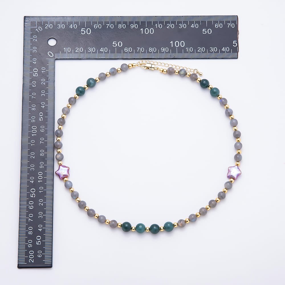 16K Gold Filled 6.5mm Purple Star Freshwater Pearl Aventurine Labradorite Round Gemstone Chain 17 Inch Necklace | WA-00422