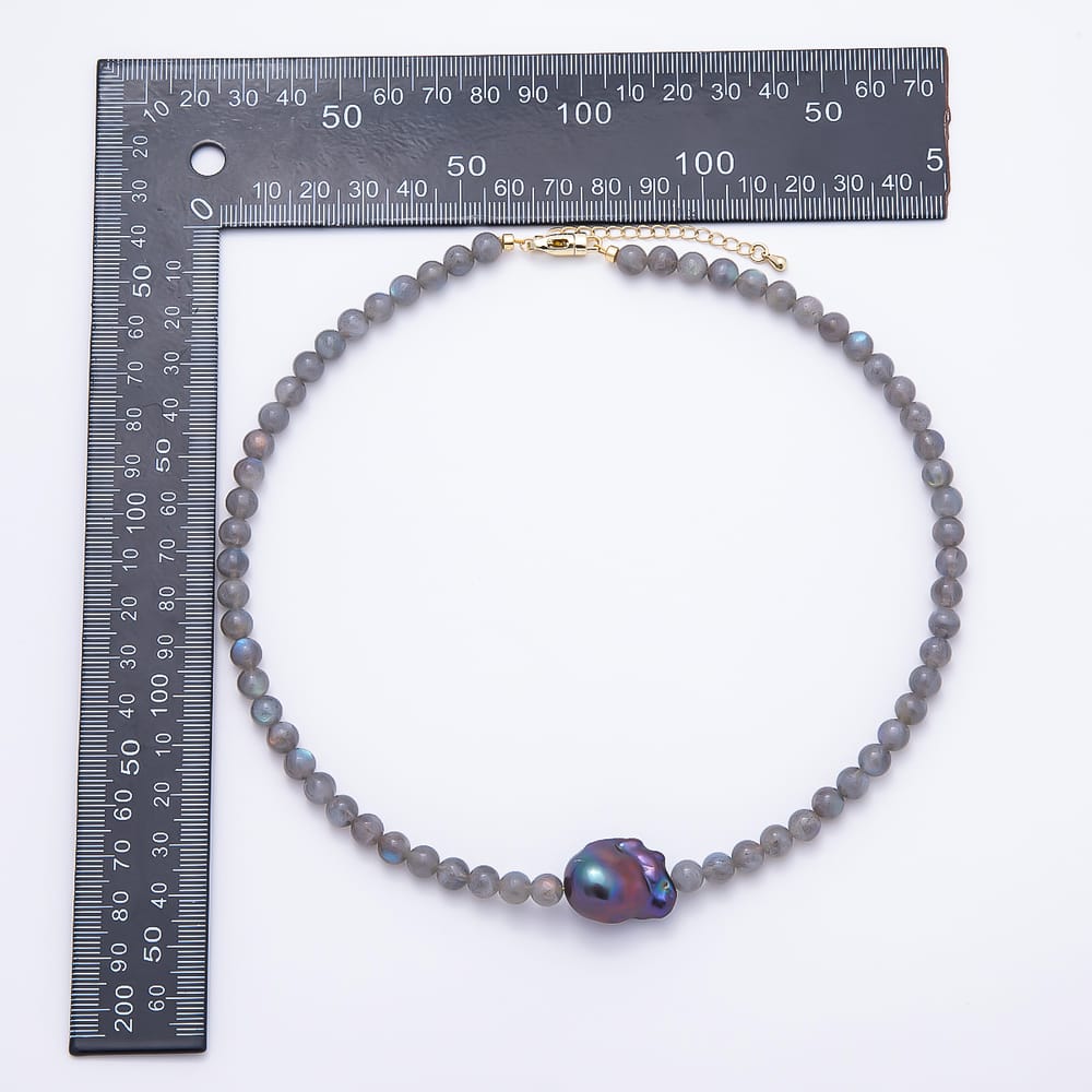 16K Gold Filled 6.5mm Purple Baroque Freshwater Pearl Labradorite Round Gemstone Chain 17 Inch Necklace | WA-00529