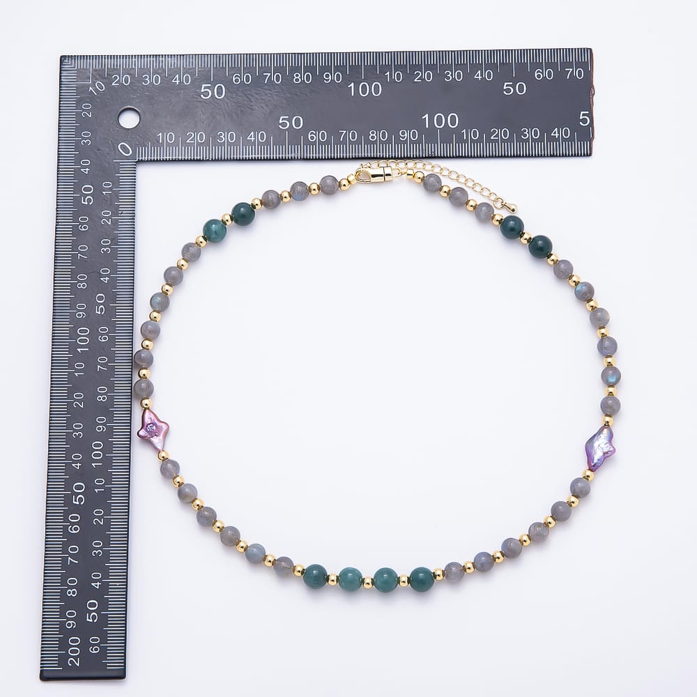 16K Gold Filled 6.5mm Purple Freshwater Pearl Aventurine Labradorite Round Gemstone Chain 17.5 Inch Necklace | WA-00517
