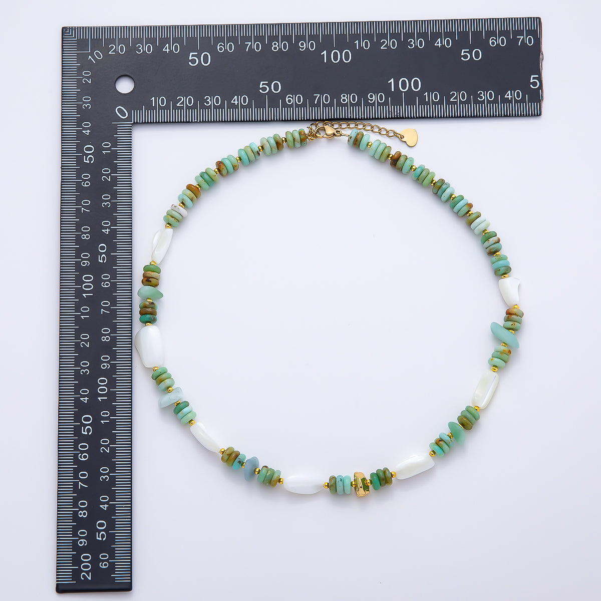 Handmade Stainless Steel 8mm White Shell Pearl Turquoise Rondelle Gemstone Chain 15.5 Inch Necklace | WA-04727