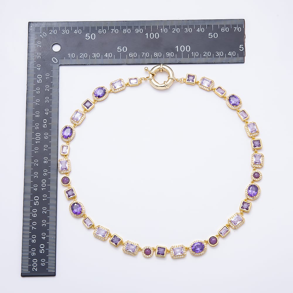 16K Gold Filled 11mm Mixed Shape Amethyst Purple CZ Statement Tennis Chain 18 Inch Necklace | WA-01092