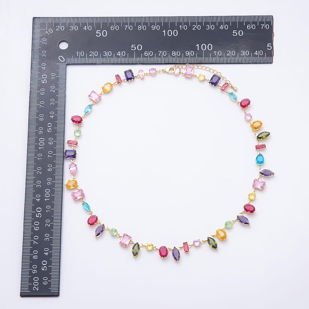 16K Gold Filled 9mm Multicolor Multi Cut Drop CZ Tennis Gemstone Chain 16.5 Inch Choker Necklace | WA-00125