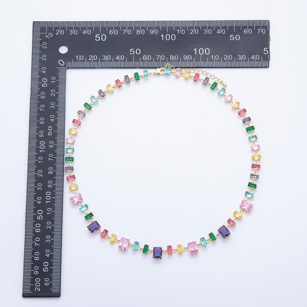 16K Gold Filled 9mm Multicolor Baguette CZ Drop Tennis Gemstone Chain 17 Inch Choker Necklace | WA-00180