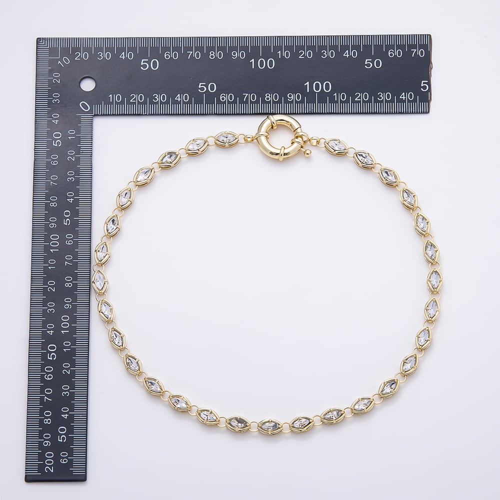 16K Gold Filled 7mm Clear CZ Marquise Bezel Gemstone Chain w. Sailor Clasps Charm Connector Holder Ring 18 Inch Necklace | WA-02255