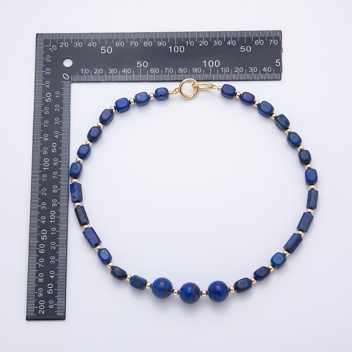 16K Gold Filled 14mm Lapis Lazuli Round Rectangle Gemstone Chain 19.5 Inch Necklace w. Dual Push Gate | WA-00564