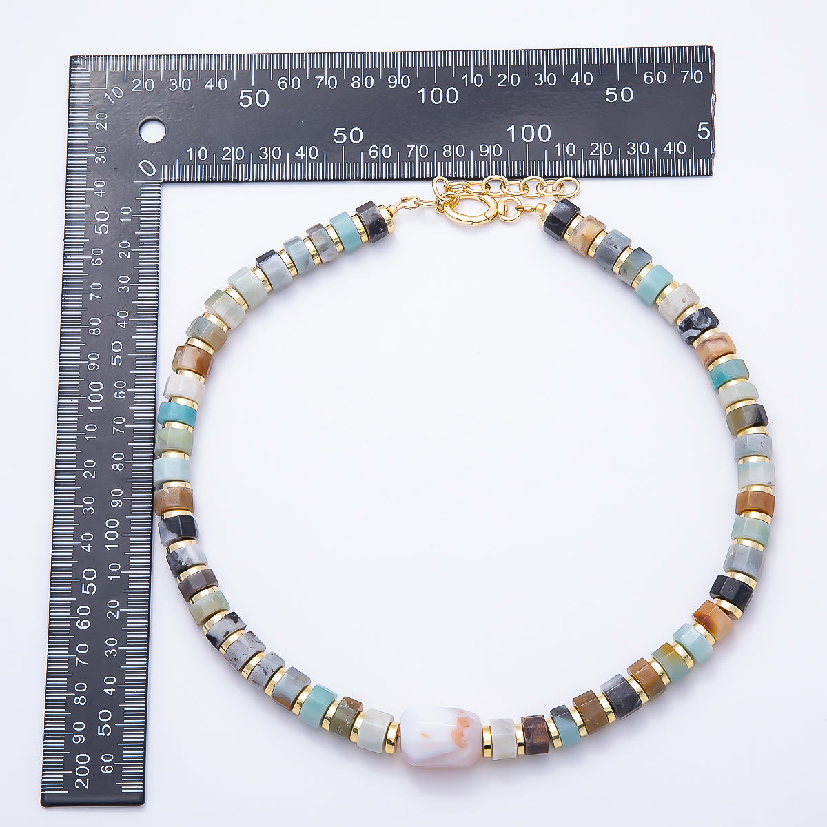 16K Gold Filled 10mm Amazonite Tube Rondelle Gemstone Chain 18 Inch w. Push Gate Extender | WA-00051