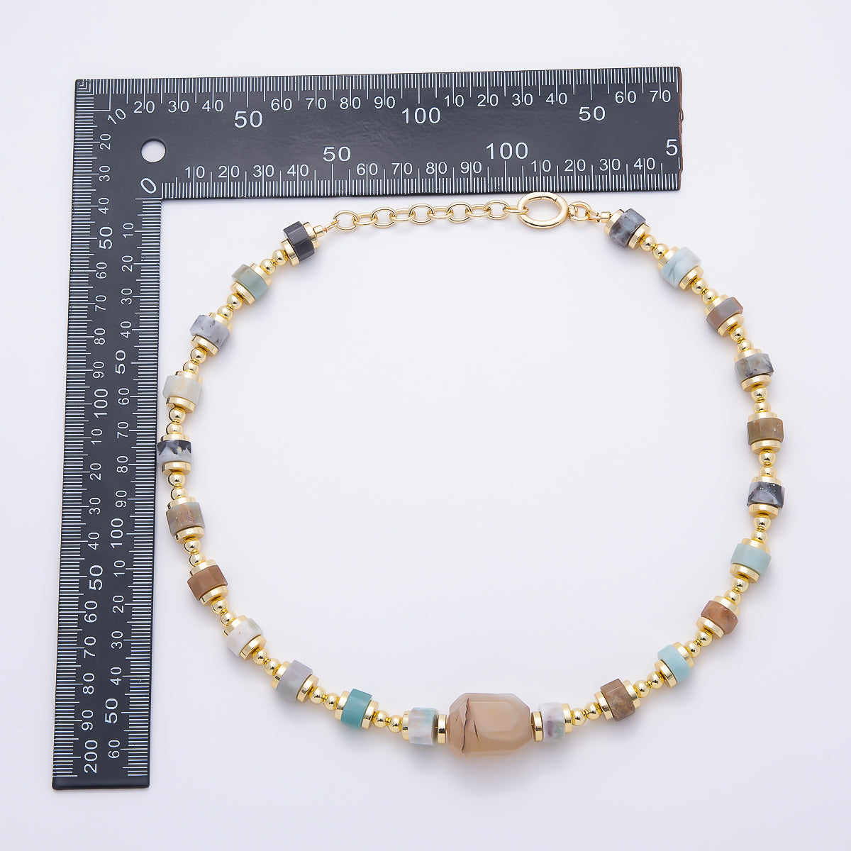 16K Gold Filled 5mm Amazonite Tube Bead Gemstone Chain 17.5 Inch w. Push Gate Extender | WA-00050