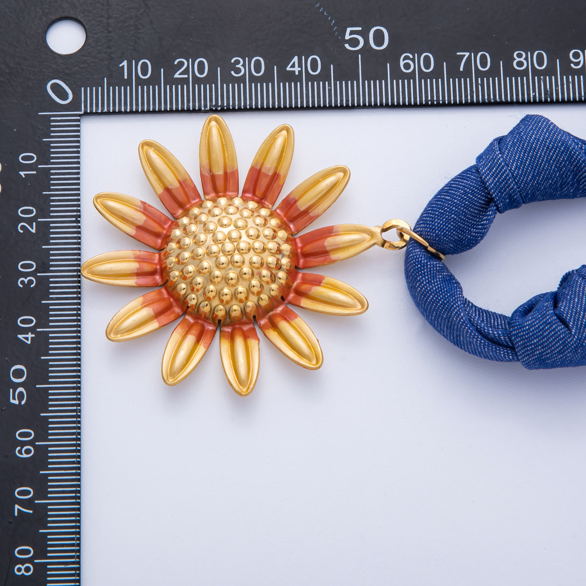 Stainless Steel Textured Yellow Orange Sunflower Blue Denim Scarf Handmade Necklace | WA-3981
