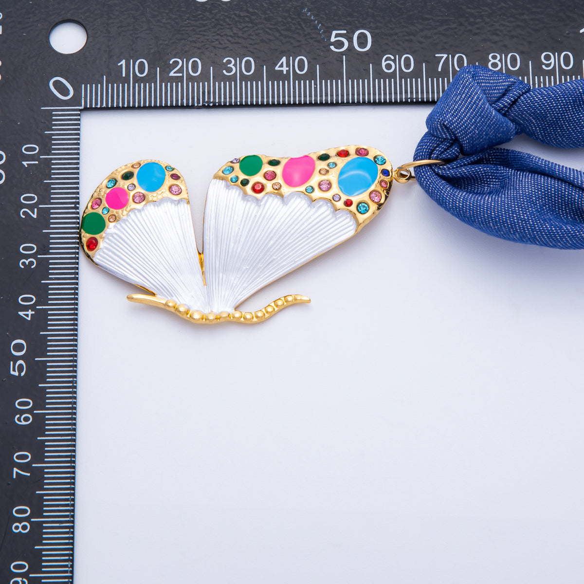 Stainless Steel Colorful White Butterfly Wings CZ Blue Denim Scarf Handmade Necklace | WA-3980