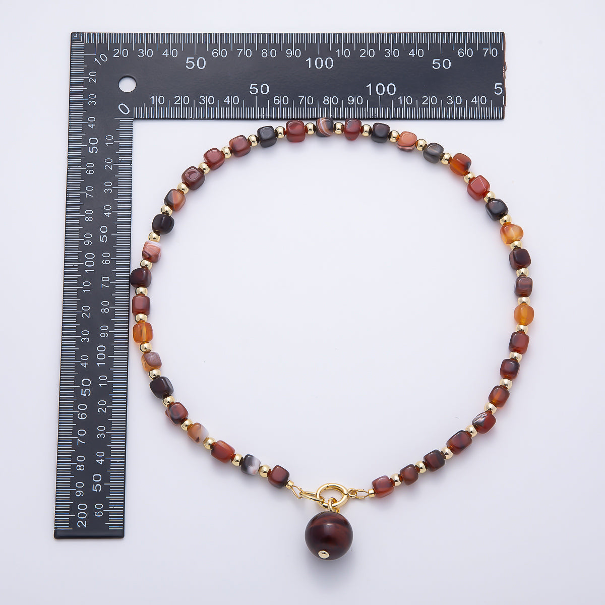 16K Gold Filled Tiger Eye Round Charm Carnelian Gemstone Chain 19 Inch Necklace w. Dual Push Gate  | WA-00190