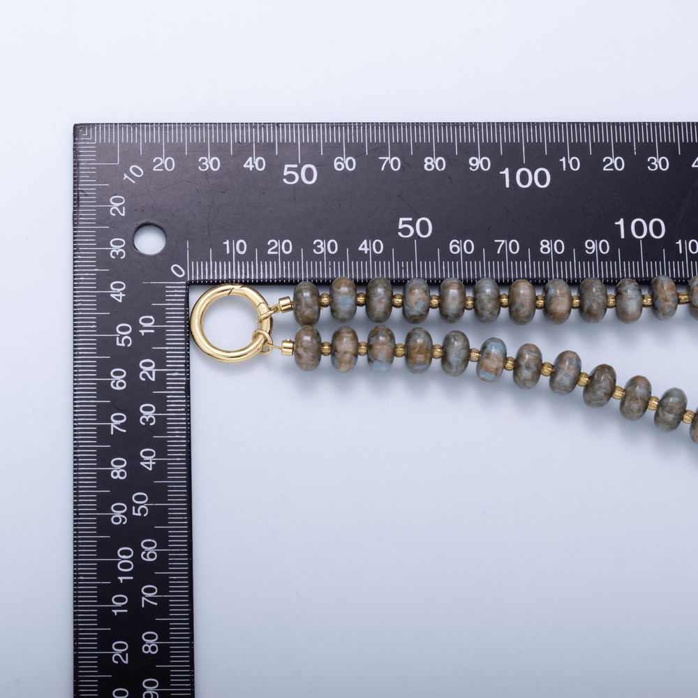 16K Gold Filled 10mm Grey, Blue Agate Rondelle Push Gate Charm Connector Holder Ring Gemstone Chain 17 Inch Necklace | WA-02291 WA-02292