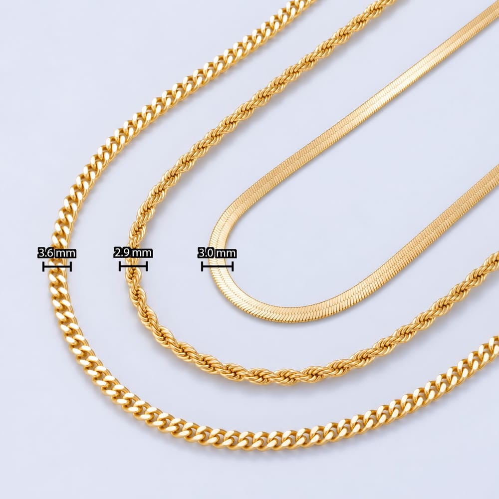16K Gold Filled 3mm Herringbone, Rope, Curb Chain Triple Layer 18 Inch Necklace | WA-00708
