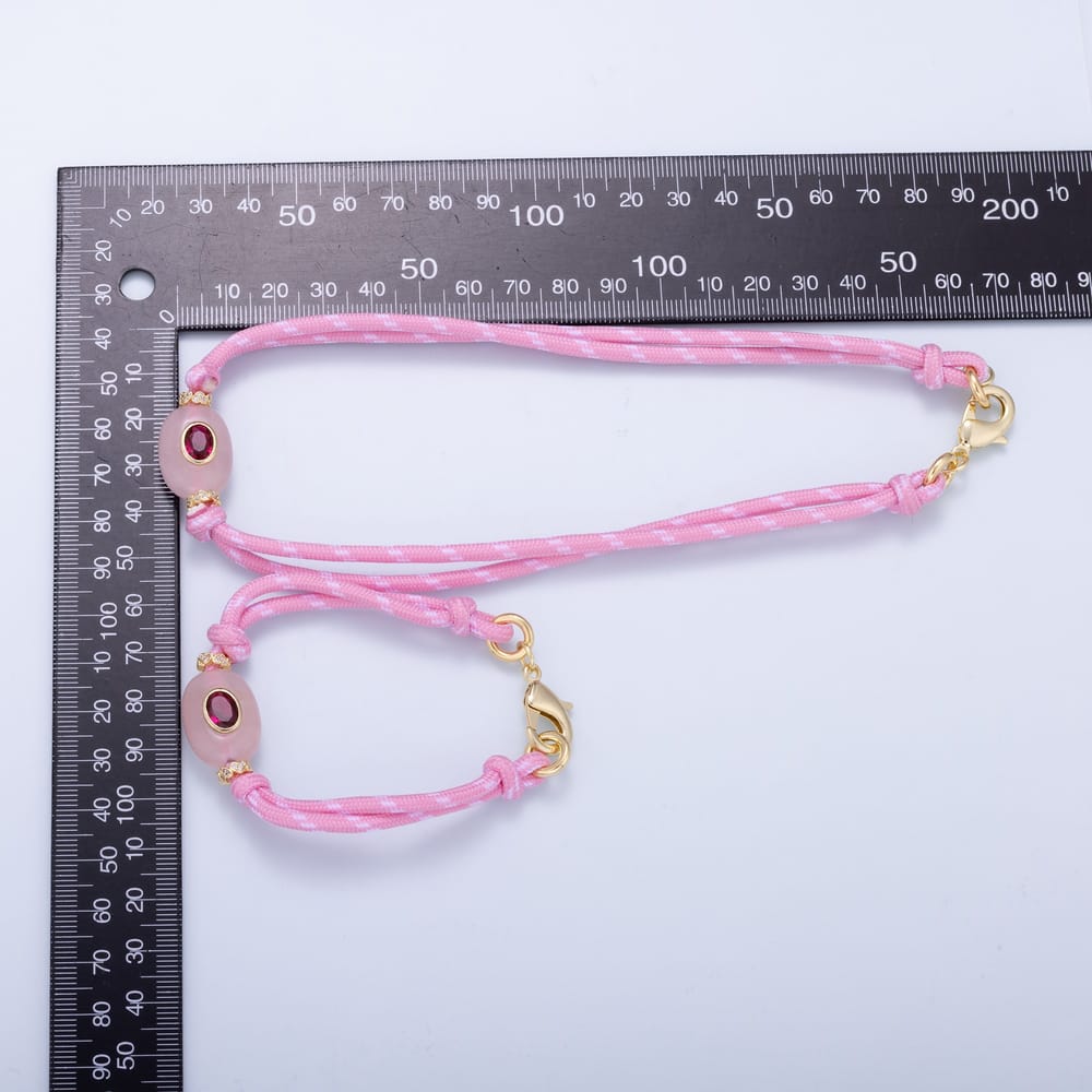 16K Gold Filled 6.5mm Pink CZ Quartz Gemstone Cotton Cord Paracord Chain Adjustable 7 Inch Bracelet, 15 Inch Necklace | WA-02298 WA-02299