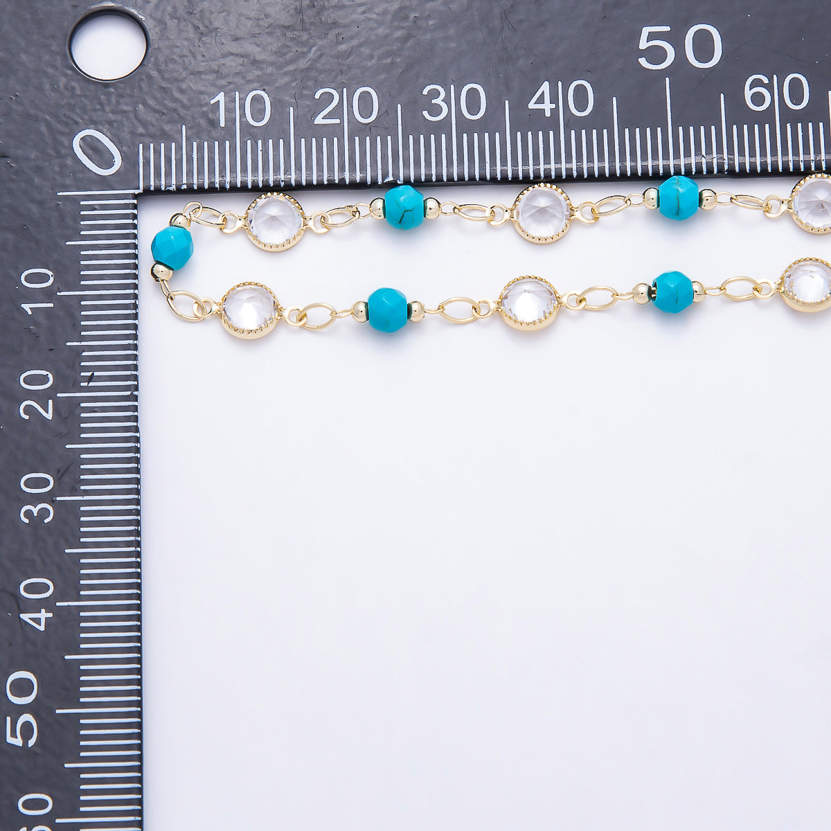 16K Gold Filled 5mm Turquoise Round Bead & Clear CZ Station Gemstone Unfinished Chain by Yard | Roll-01905