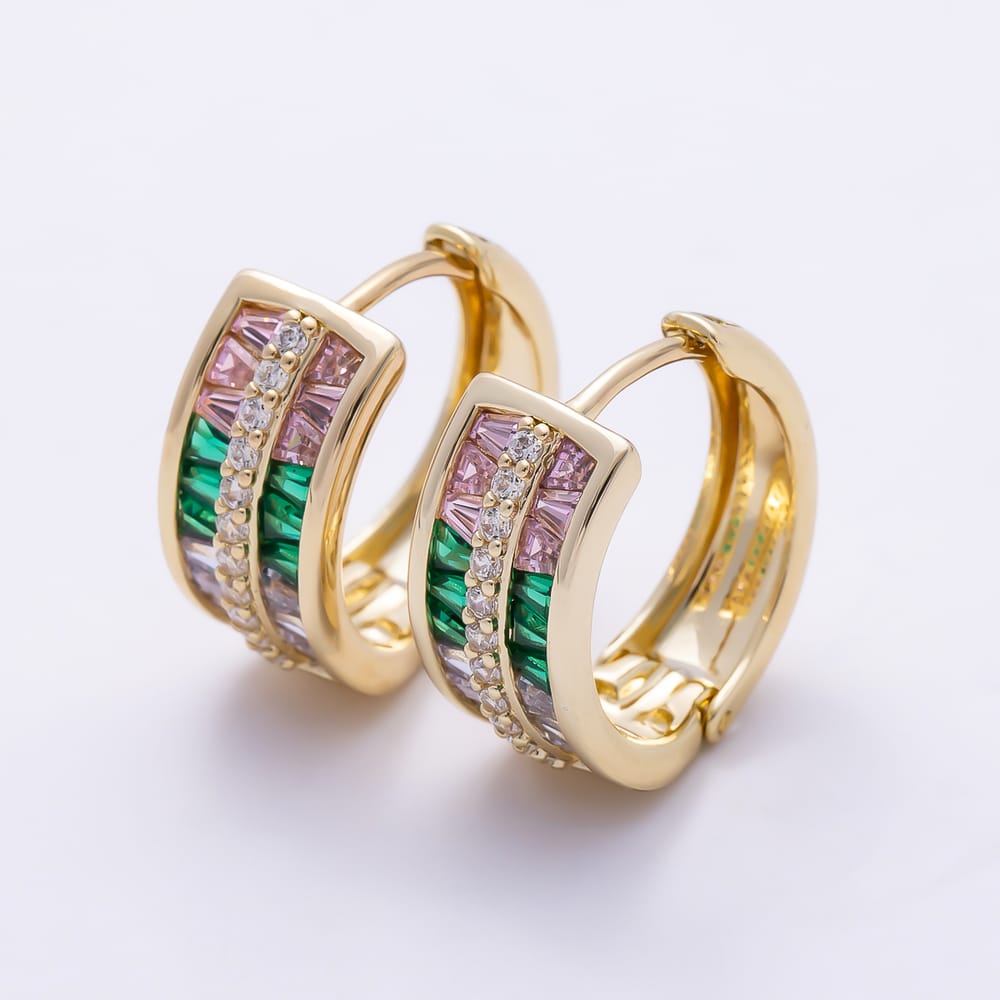 14K Gold Filled 18mm Clear, Multicolor Baguette Micro Paved CZ Triple Band Hoop Earrings | Earrings-01142 Earrings-01143