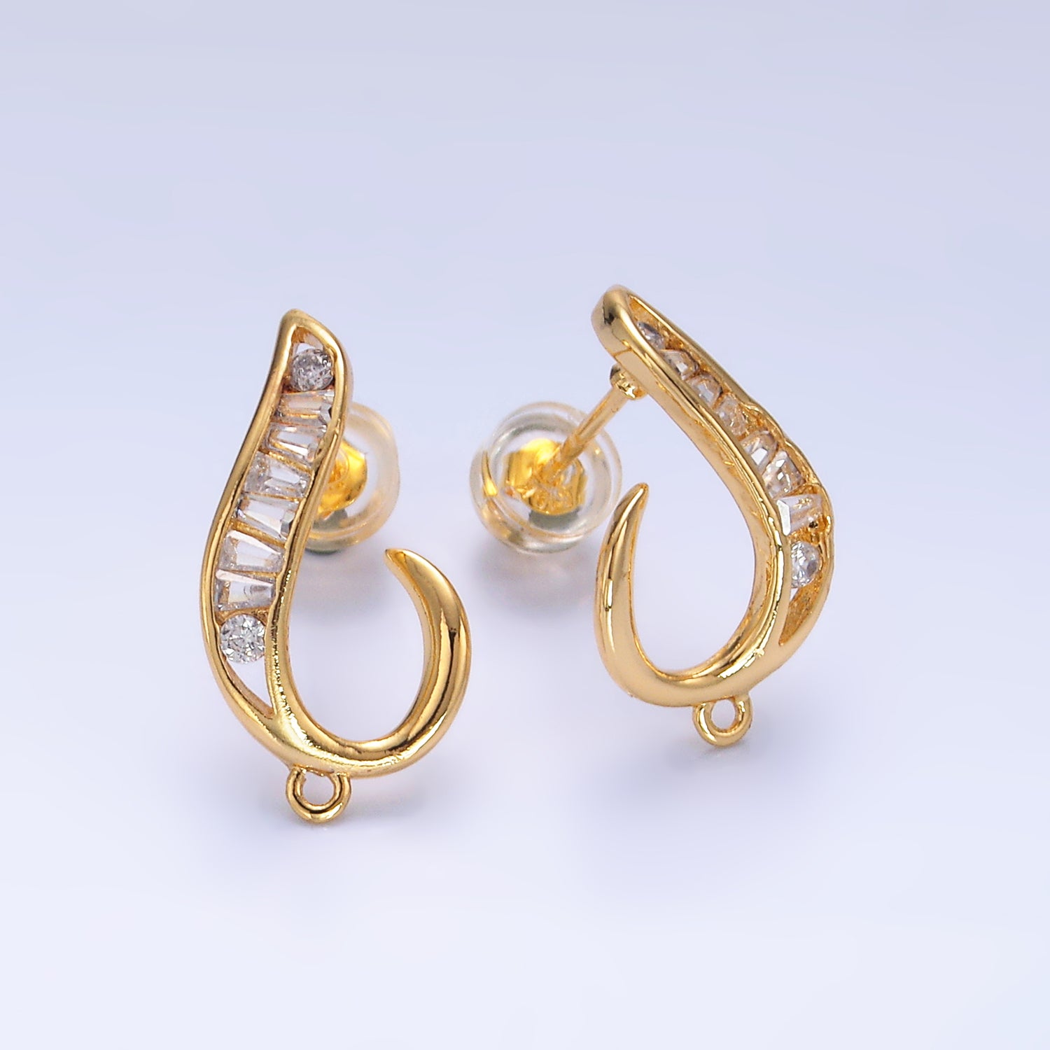 24K Gold Filled Baguette U-Curved Loop Stud Earrings Findings | Z1064