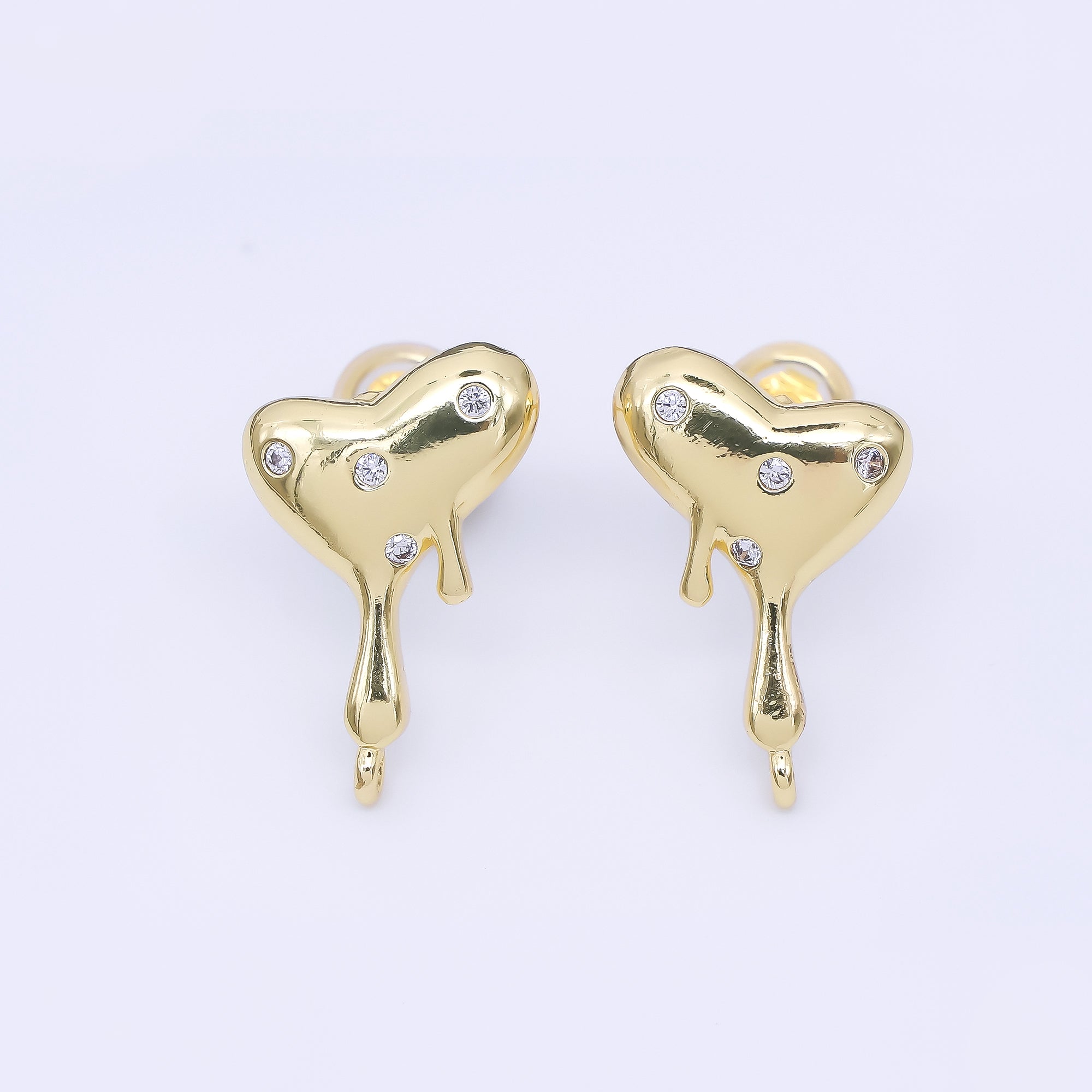 24K Gold Filled Clear CZ Dotted Molten Heart Drop Stud Earring Findings | Z1272