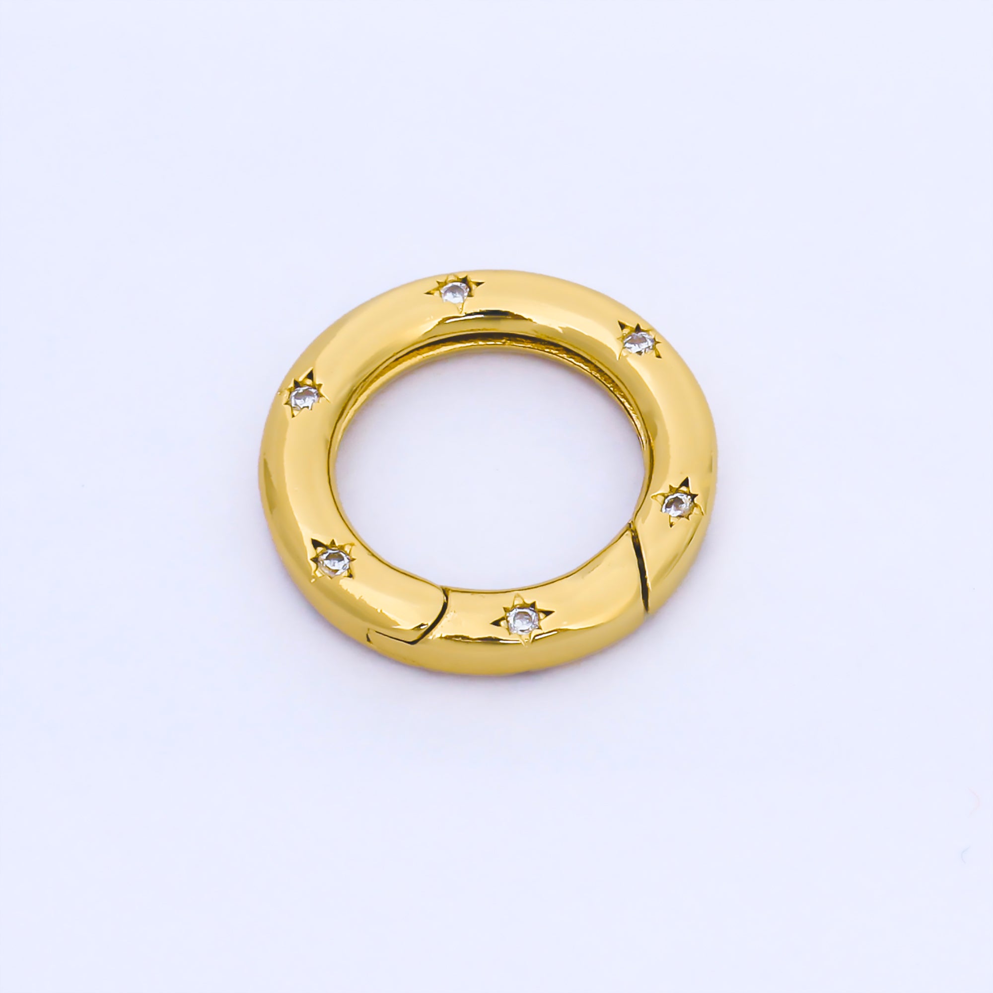 24K Gold Filled Clear Micro Paved CZ Round Spring Gate Ring Charm Holder Z1489