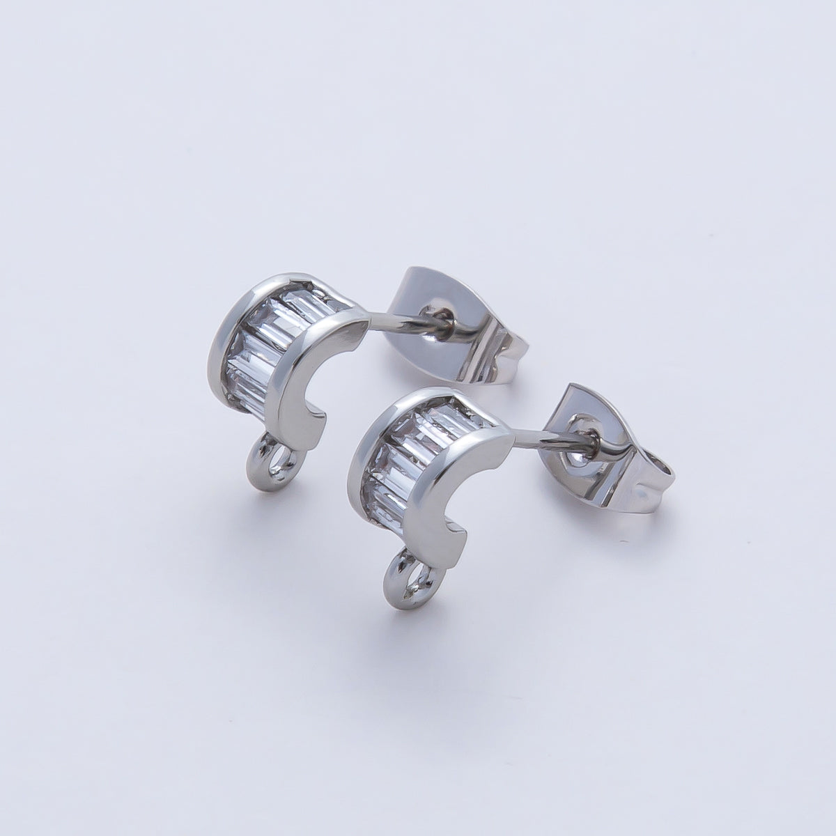 18K Gold Filled 9.5mm Clear Baguette CZ Drop C-Shaped Hoop Earring Findings in Gold & Silver | Z1638