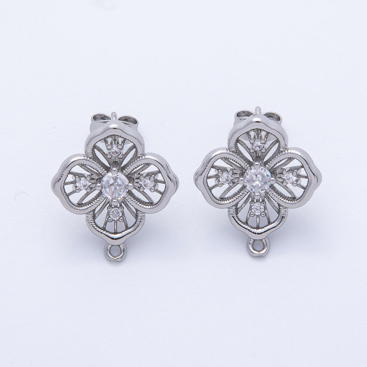 Silver 21mm Clear CZ Open Clover Flower Stud Earrings Findings Supply | Z1667