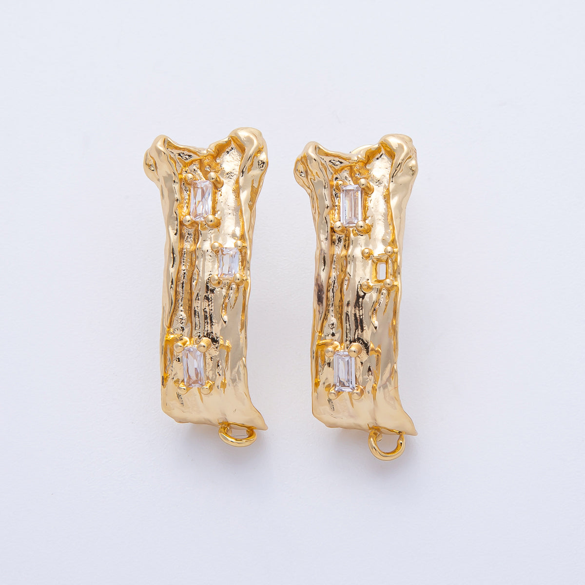 24K Gold Filled 30mm Baguette CZ Hammered Tube Drop Stud Earrings in Gold & Silver | Z1668