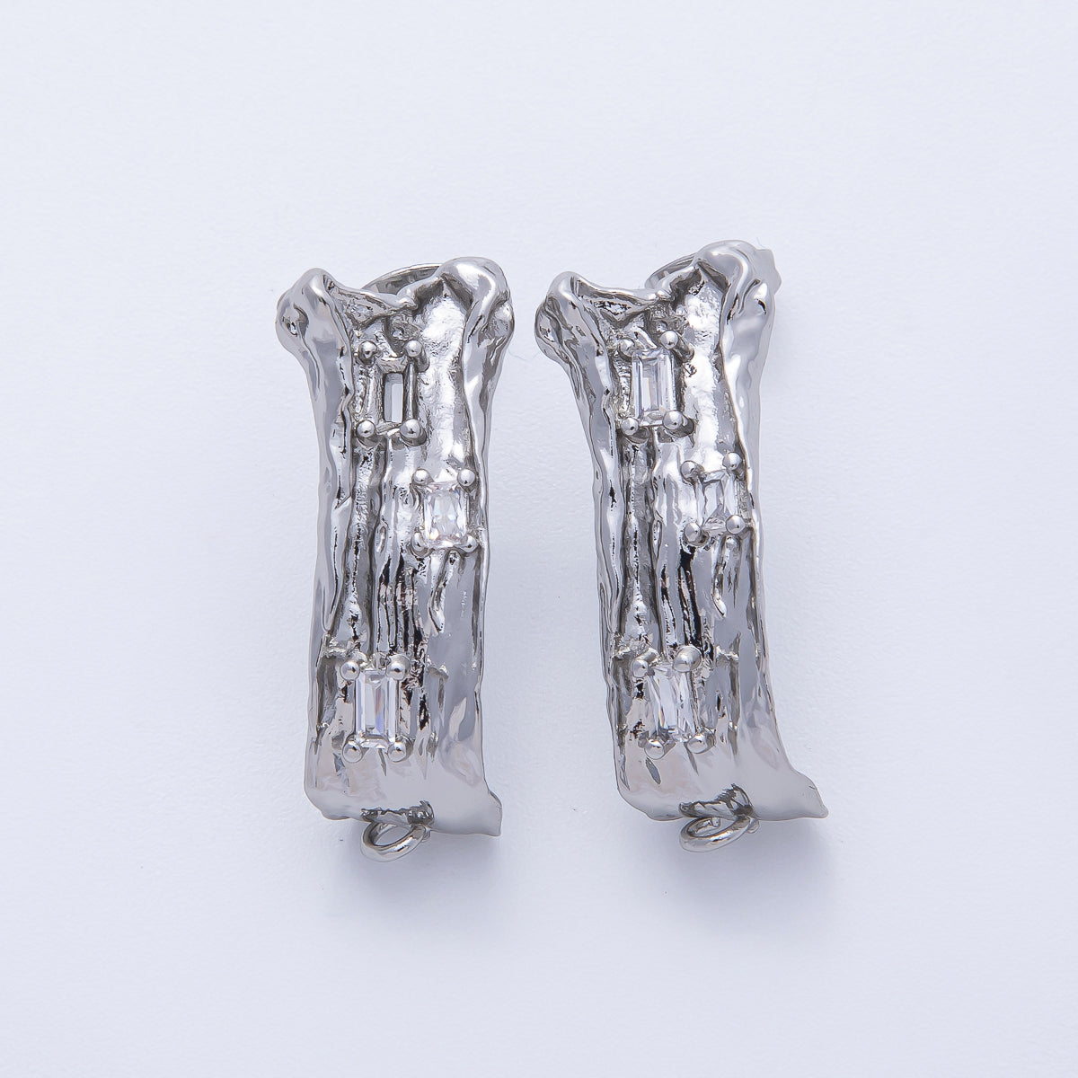 24K Gold Filled 30mm Baguette CZ Hammered Tube Drop Stud Earrings in Gold & Silver | Z1668