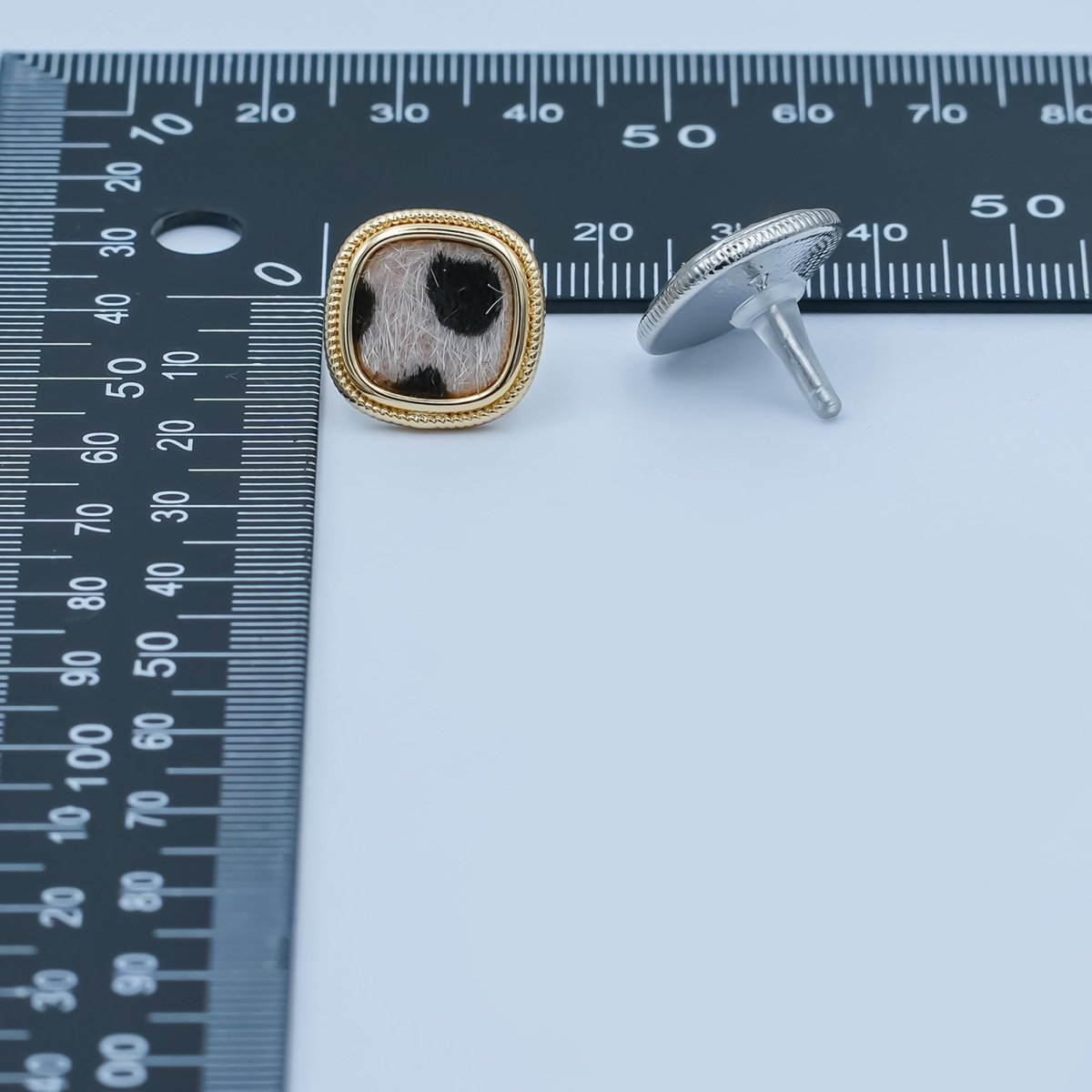 Animal Faux Fur Leopard Square Bezel Stud Earrings in Gold & Silver | AE102 AE155 - DLUXCA