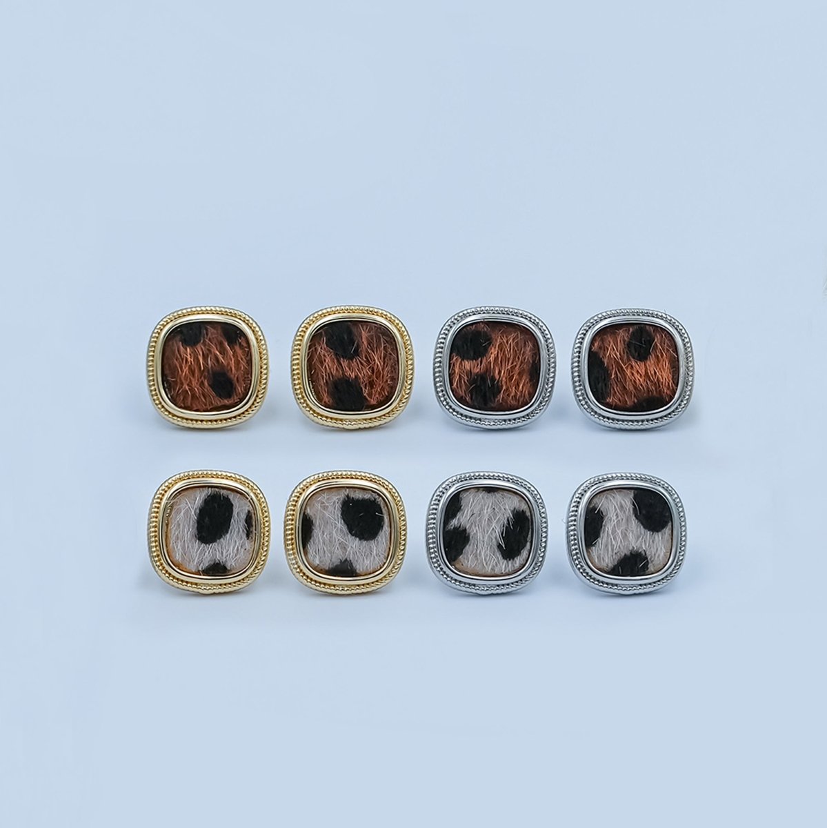 Animal Faux Fur Leopard Square Bezel Stud Earrings in Gold & Silver | AE102 AE155 - DLUXCA
