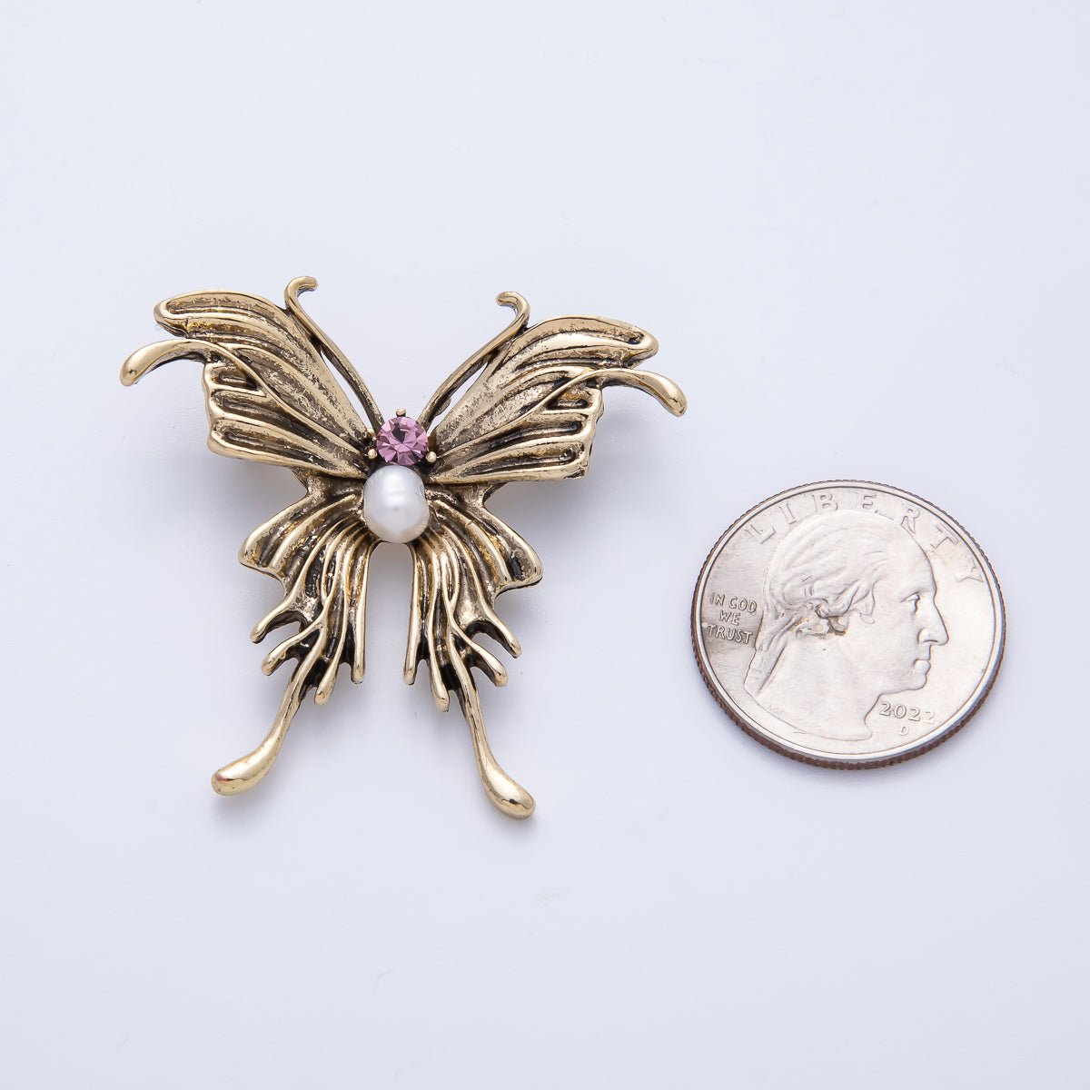 Antique Gold 41mm Purple CZ Shell Pearl Butterfly Mariposa Animals Brooch Pin | BH - 016 - DLUXCA