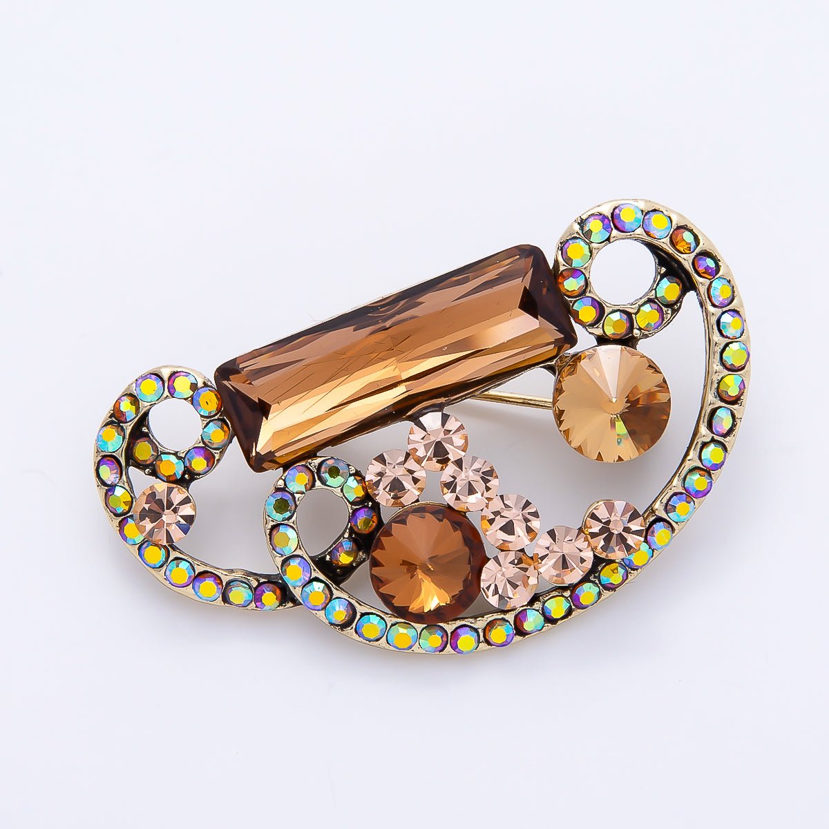 Antique Gold 46mm Brown Baguette AB Round Rhinestone Open Geometric Pin Brooch | BH-00162 - DLUXCA