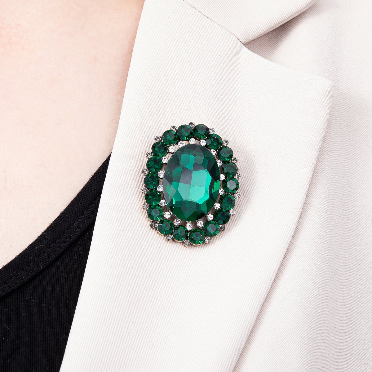 Antique Gold 46mm Green Rhinestone Oval Statement Pin Brooch | BH-00184 - DLUXCA