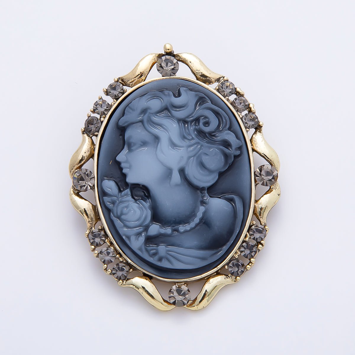 Antique Gold 50mm Blue Epoxy Lady Portrait Cameo Rhinestone Oval Pin Brooch | BH-00160 - DLUXCA
