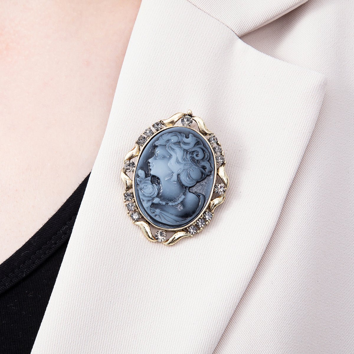 Antique Gold 50mm Blue Epoxy Lady Portrait Cameo Rhinestone Oval Pin Brooch | BH-00160 - DLUXCA