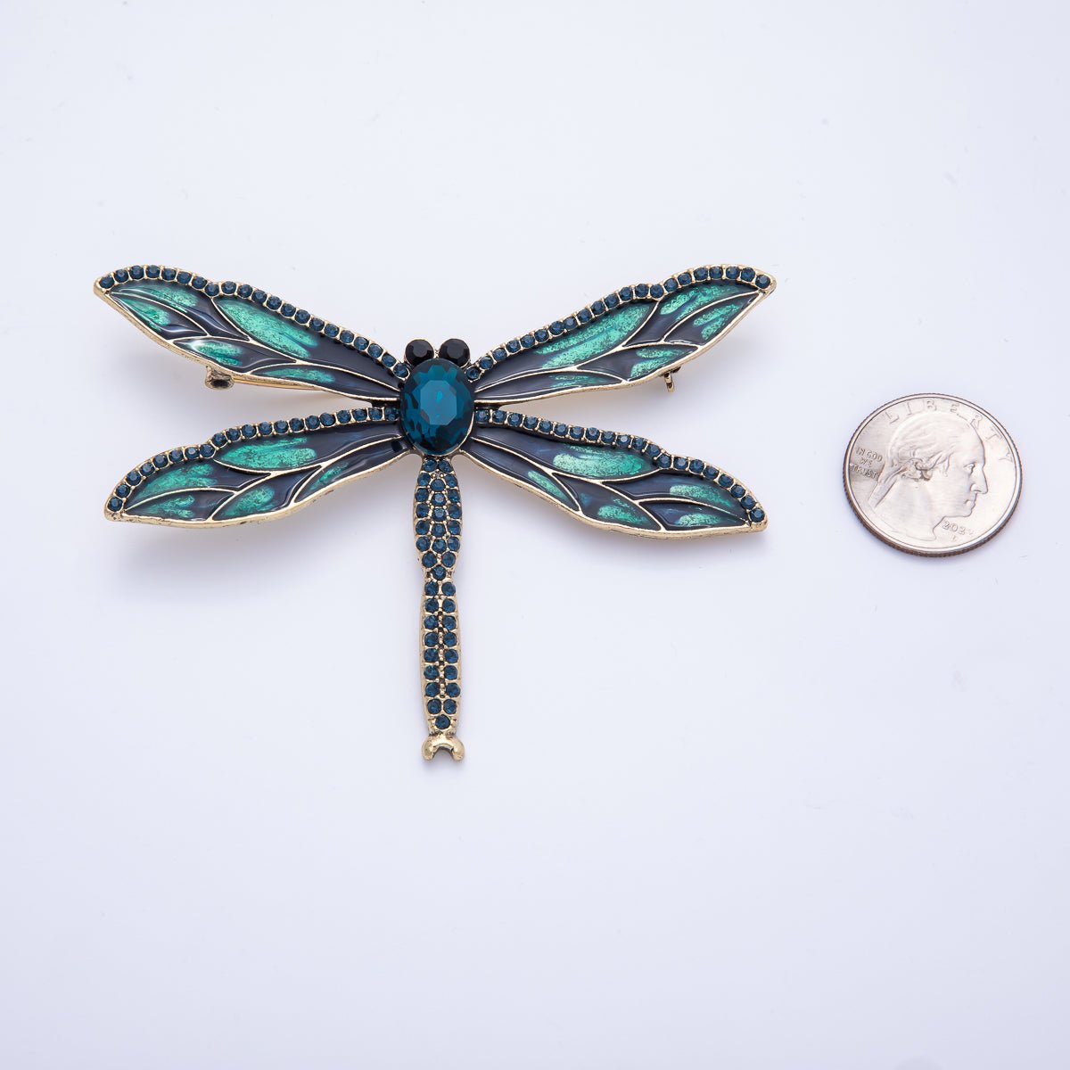 Antique Gold 94mm Blue Micro Paved CZ Dragonfly Insect Enamel Brooch Pin | BH - 017 - DLUXCA