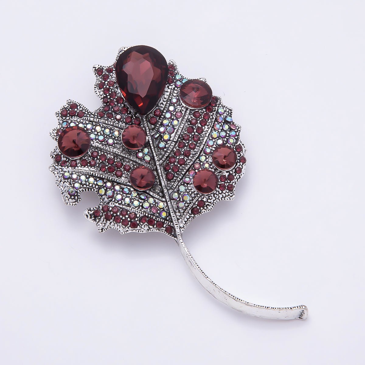 Antique Silver 80mm x 47mm Red Rhinestone Nature Leaf Plant Pin Brooch | BH - 139 - DLUXCA