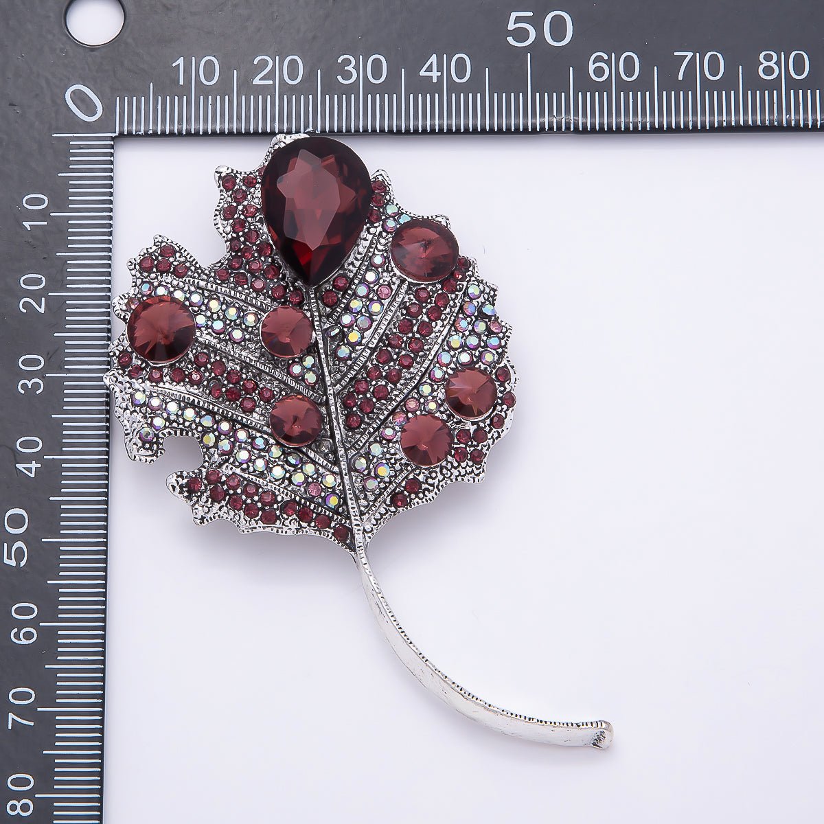 Antique Silver 80mm x 47mm Red Rhinestone Nature Leaf Plant Pin Brooch | BH - 139 - DLUXCA