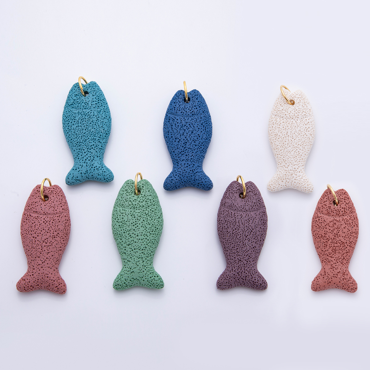 18K Gold Filled 19mm Green, Blue, Purple, Pink Textured Lava Stone Fish Charm | C724 C727 C730