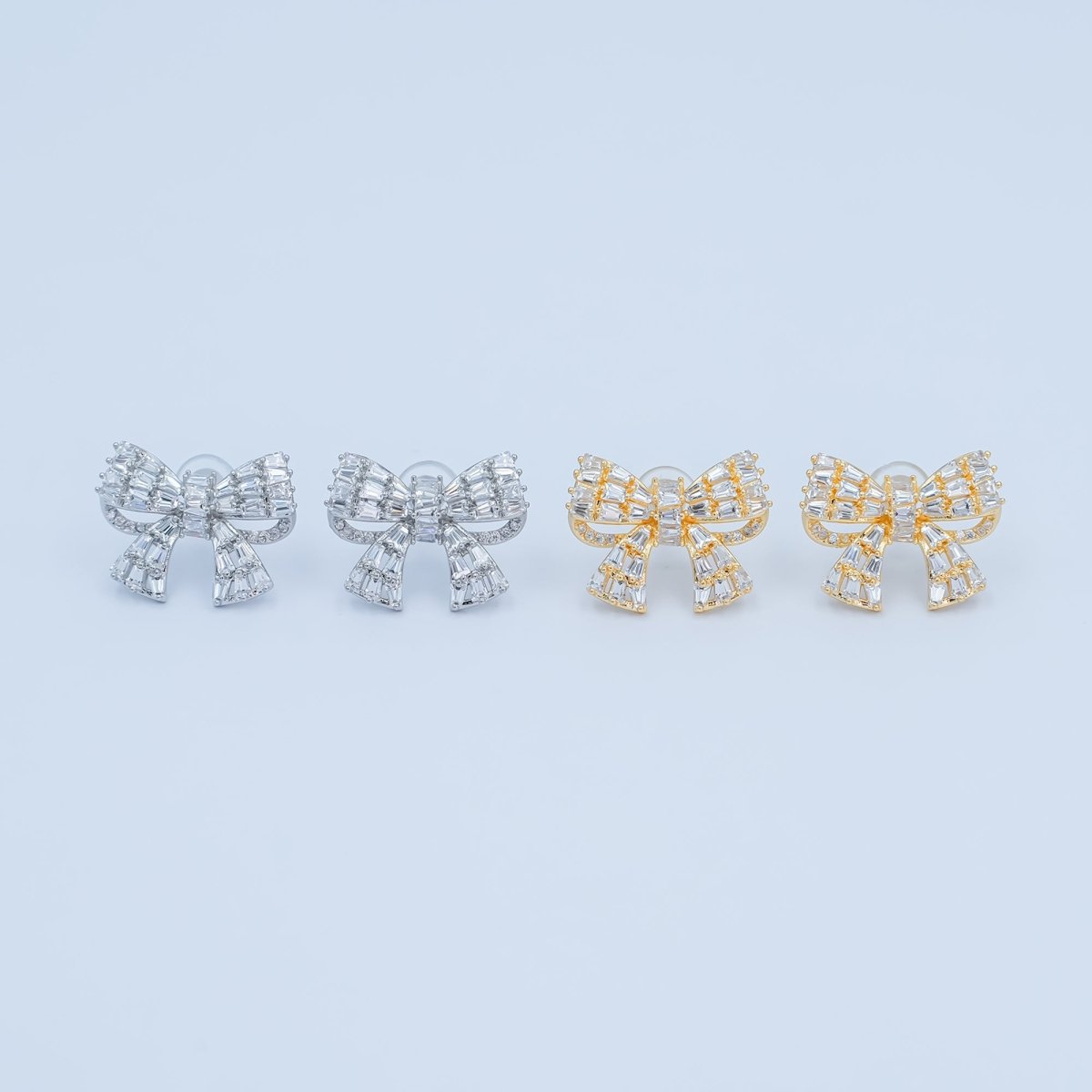 Baguette Micro Paved CZ Ribbon Bow Stud Earrings in Gold & Silver | AB293 AB294 - DLUXCA