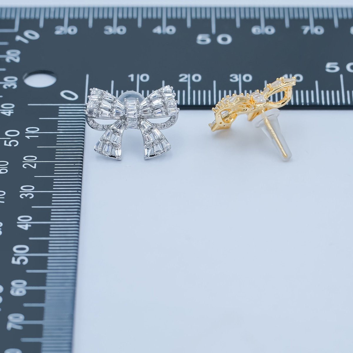 Baguette Micro Paved CZ Ribbon Bow Stud Earrings in Gold & Silver | AB293 AB294 - DLUXCA