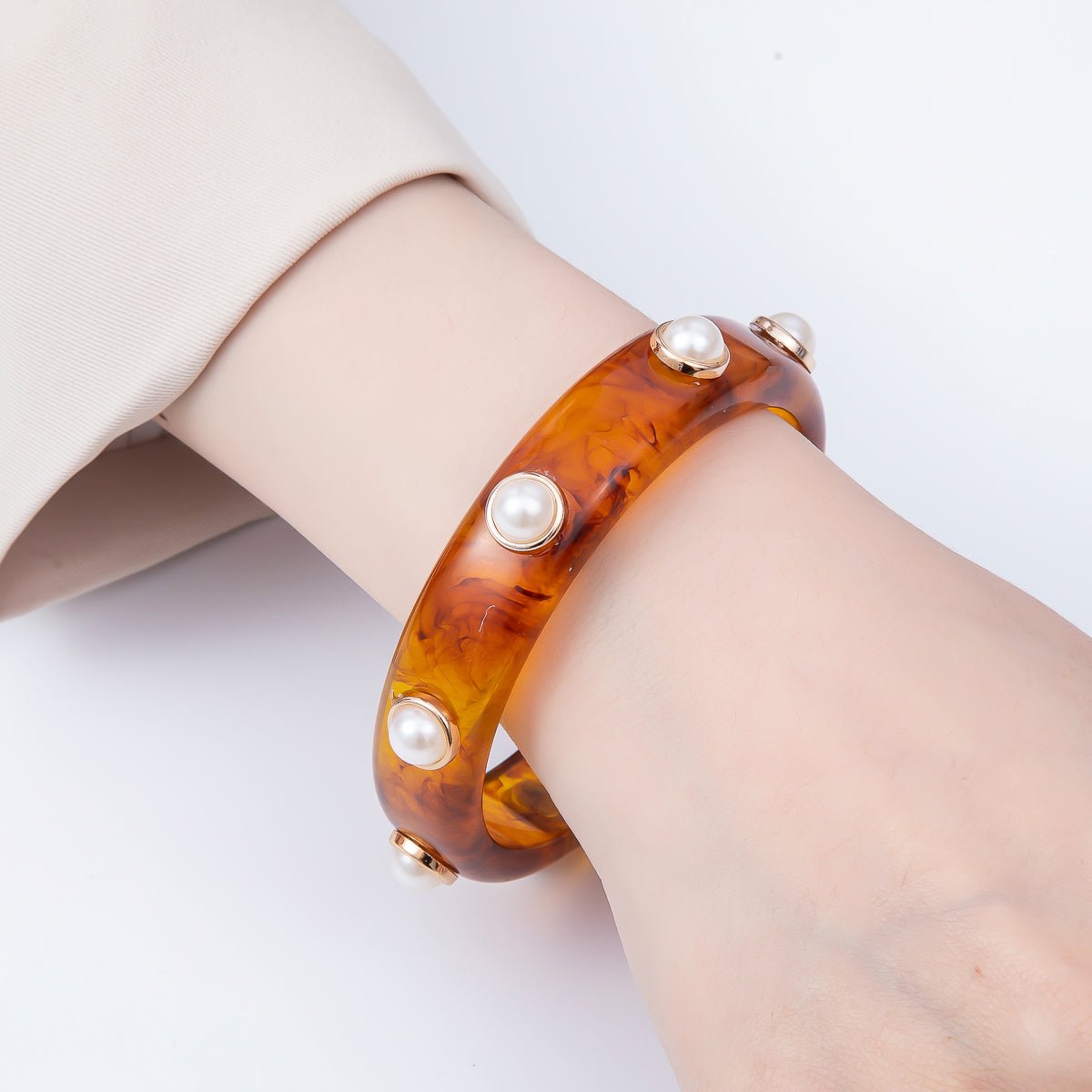 Black, Brown Tortoiseshell Shell Pearl Round Beaded Acrylic Resin Bangle Bracelet | WA - 04439 WA - 04440 - DLUXCA