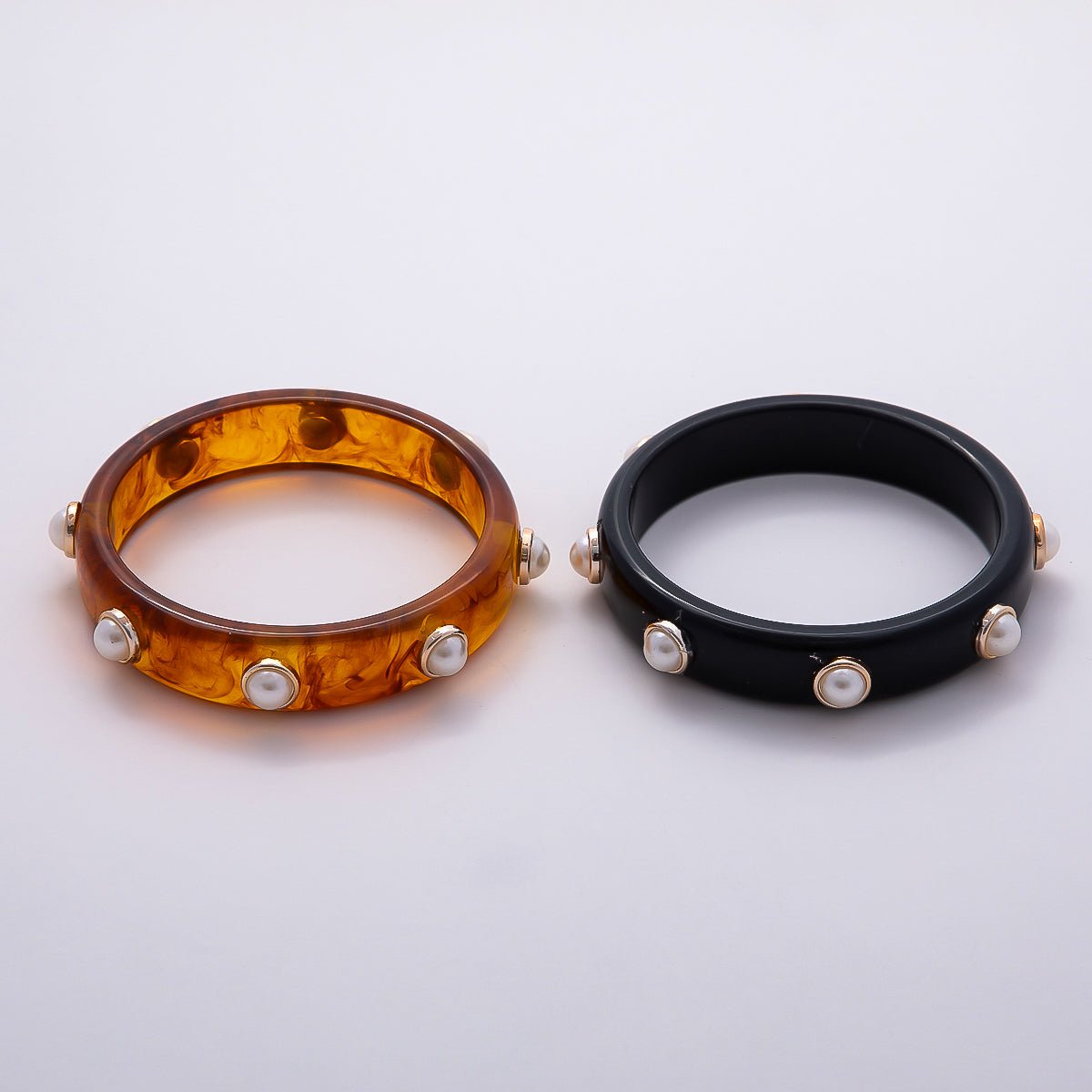 Black, Brown Tortoiseshell Shell Pearl Round Beaded Acrylic Resin Bangle Bracelet | WA - 04439 WA - 04440 - DLUXCA