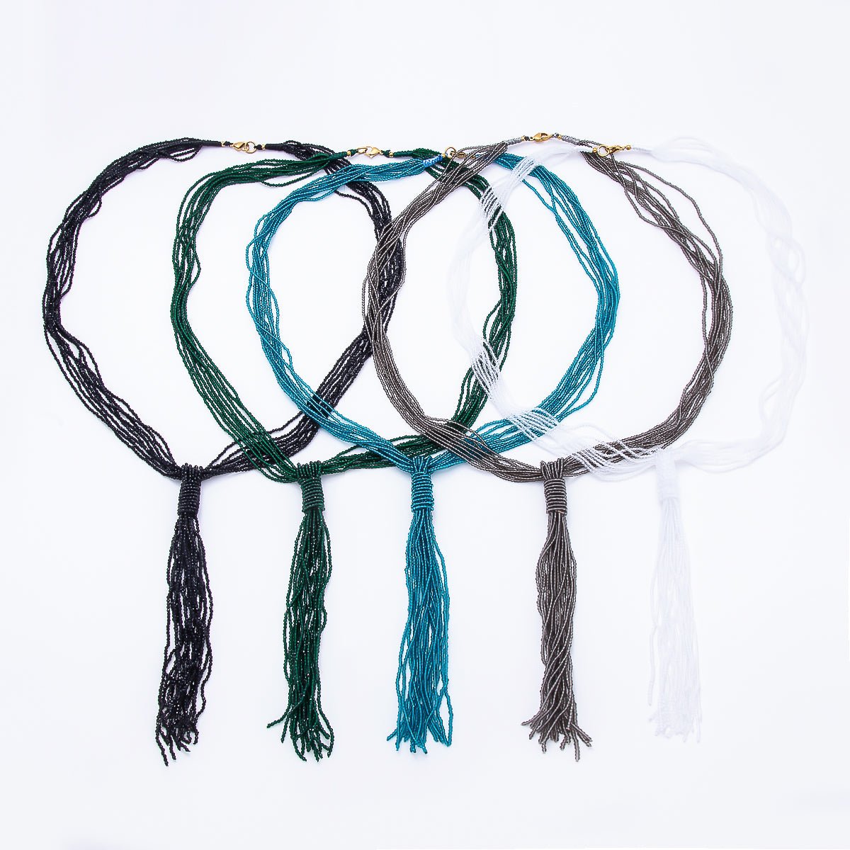 Black, Green, Blue, Grey, White Boho Multi Layer Fringe Knot Lariat Multifaceted Crystal Gemstone Chain 30 Inch Necklace | WA-01096 ~ WA-01142 - DLUXCA