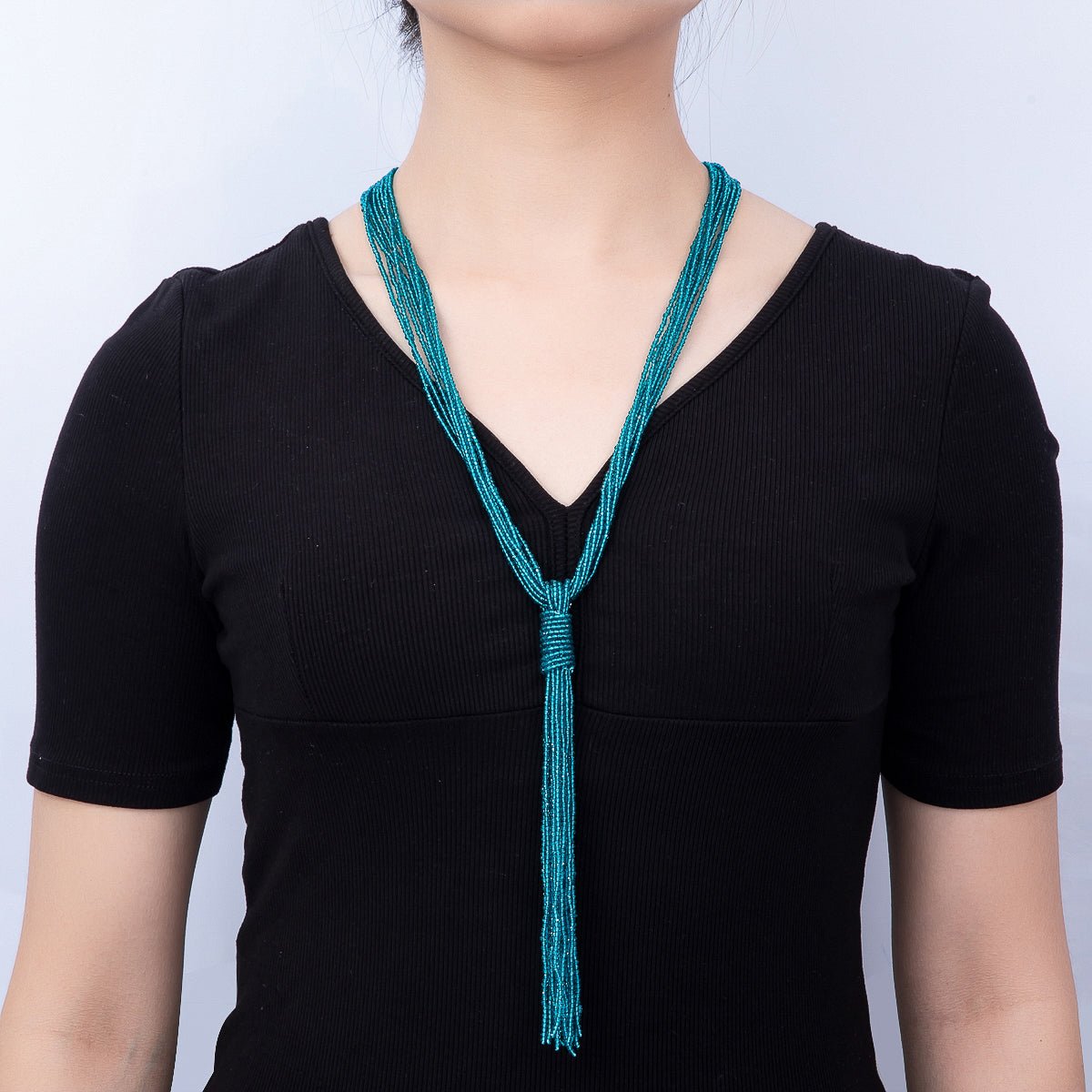 Black, Green, Blue, Grey, White Boho Multi Layer Fringe Knot Lariat Multifaceted Crystal Gemstone Chain 30 Inch Necklace | WA-01096 ~ WA-01142 - DLUXCA