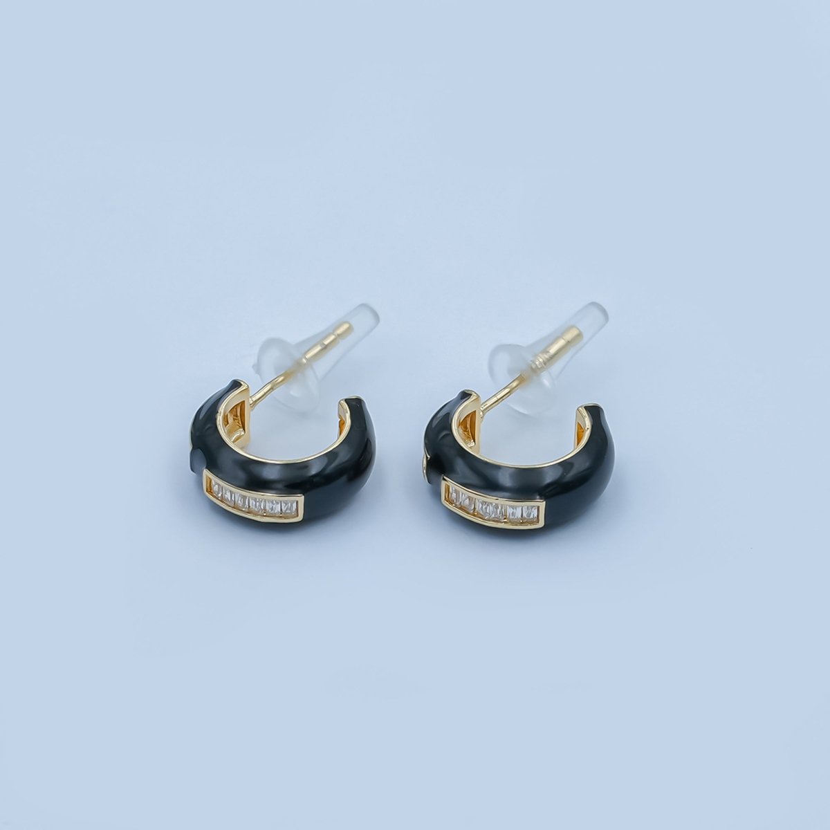 Black, White Enamel Baguette CZ C - Shaped Hoop Earrings in Gold & Silver | AE265 - AE73 - DLUXCA