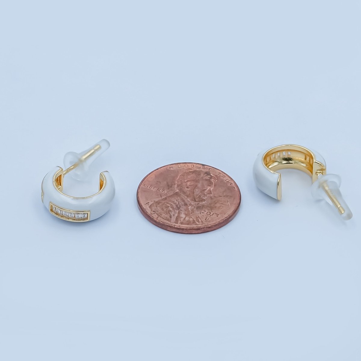 Black, White Enamel Baguette CZ C - Shaped Hoop Earrings in Gold & Silver | AE265 - AE73 - DLUXCA