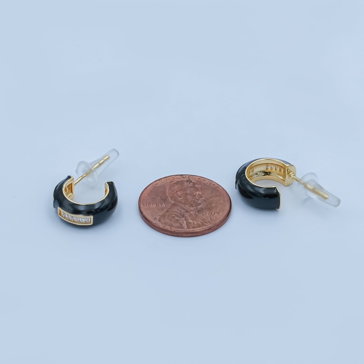 Black, White Enamel Baguette CZ C-Shaped Hoop Earrings in Gold & Silver | AE265 - AE73 - DLUXCA