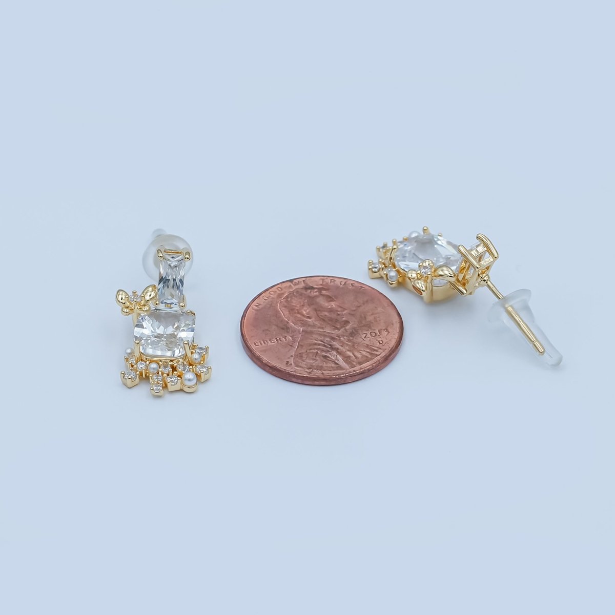 Clear CZ Baguette Pearl Cluster Drop Stud Earrings in Gold & Silver | AD1461 AD1465 - DLUXCA