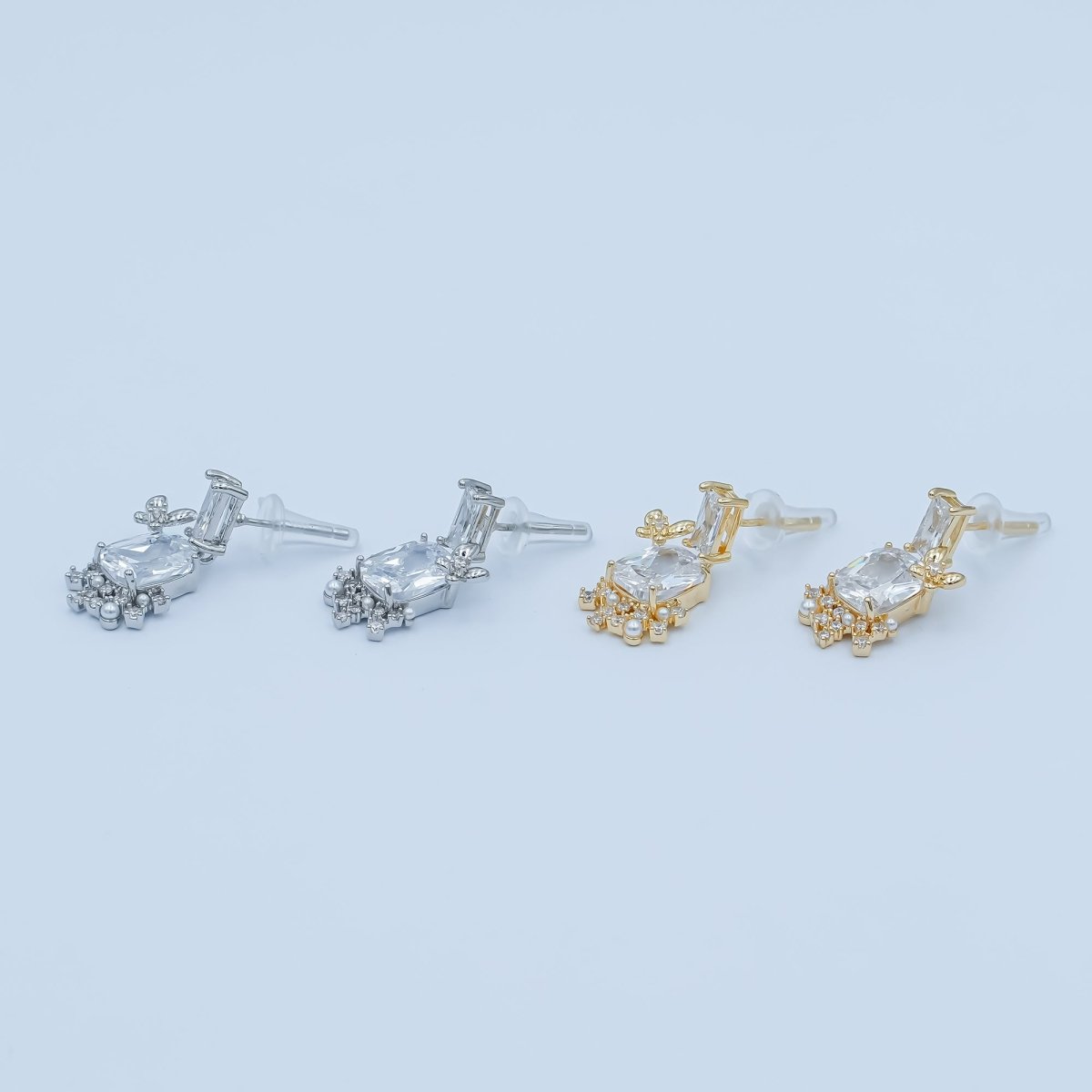 Clear CZ Baguette Pearl Cluster Drop Stud Earrings in Gold & Silver | AD1461 AD1465 - DLUXCA
