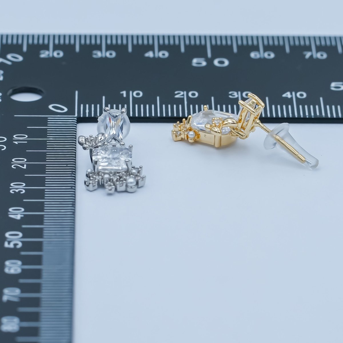 Clear CZ Baguette Pearl Cluster Drop Stud Earrings in Gold & Silver | AD1461 AD1465 - DLUXCA